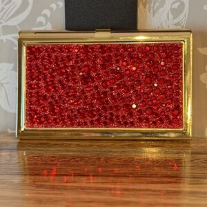 Business Card Case Red Rhinstones Gold Case NWOT